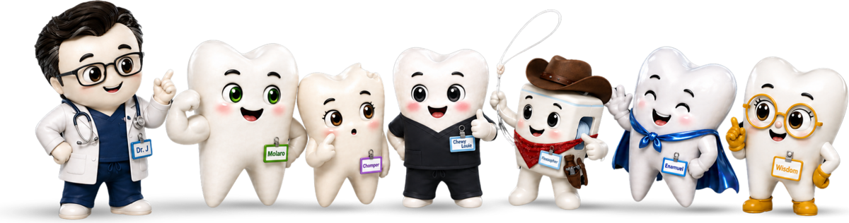 Chewy Louie and the regional crew: Dr. J, Molaro, Chomper, Flossopher, Enamuel and Wisdom
